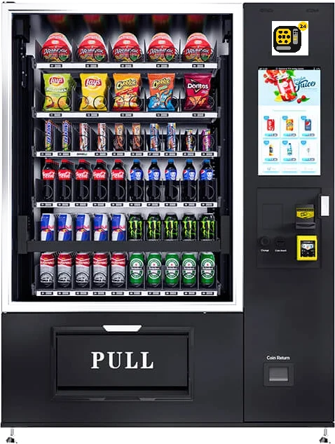 Máquina expendedora punto24hs con pantalla táctil, bebidas y snacks